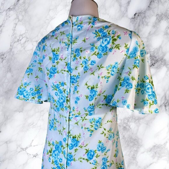Handmade Vintage Baby Blue Rose Print Floral Prairie Empire Waist Dress - Picture 11 of 12